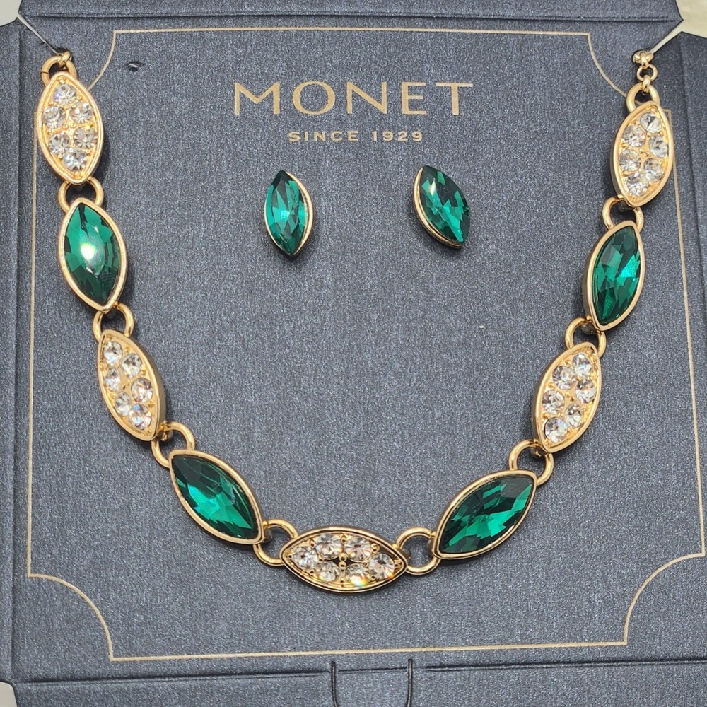 Monet Emerald Green Crystal Necklace and Earring Set NWT Glam Prom Gala